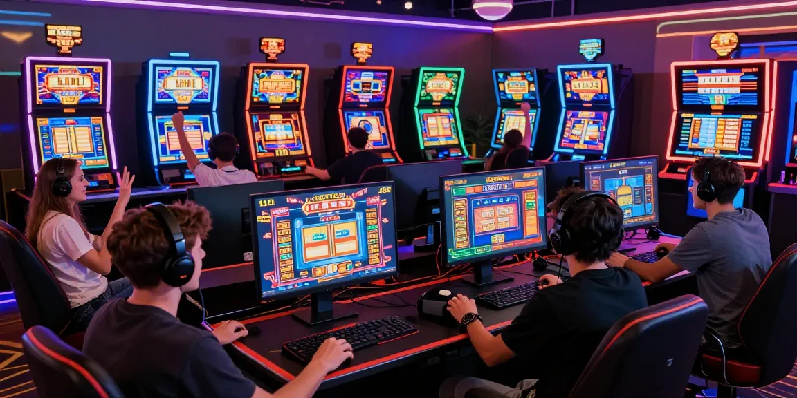 Excited players engaged at online slot games in a virtual casino setting, showcasing vibrant gaming atmosphere and colorful graphics.