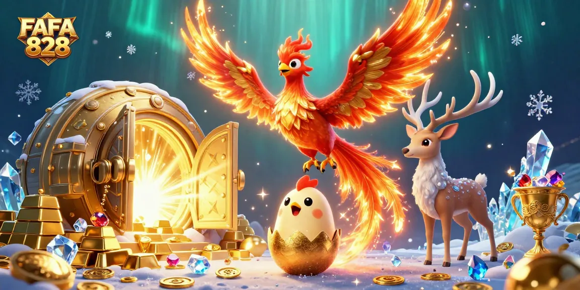 Engage with FAFA 828 featuring a phoenix in a vibrant casino scene with treasures and enchantment.