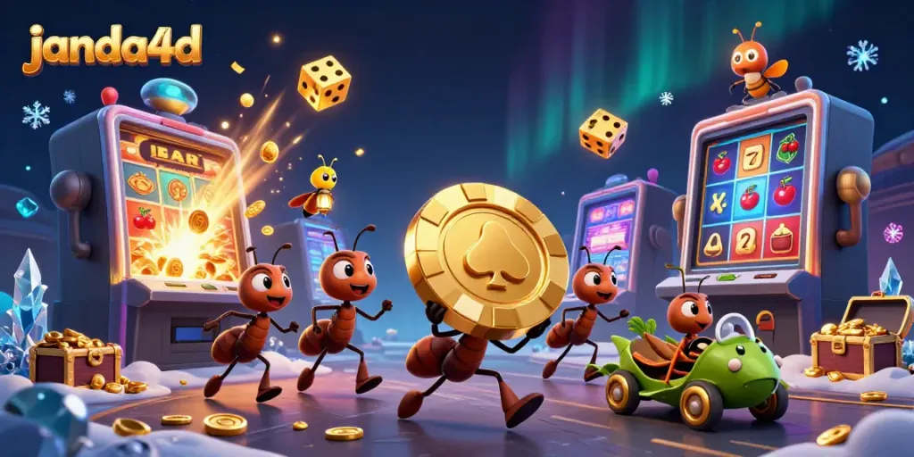 Tim semut mencuri chip poker di JANDA4D dengan mesin slot dan koin emas.