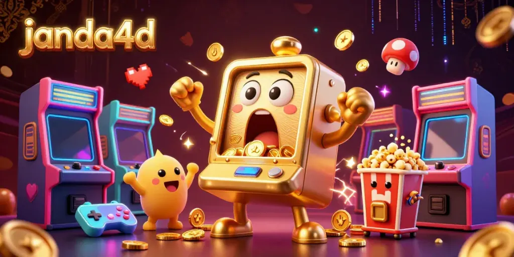 Mesin slot janda4d menang jackpot, dikelilingi elemen permainan kasino ceria.