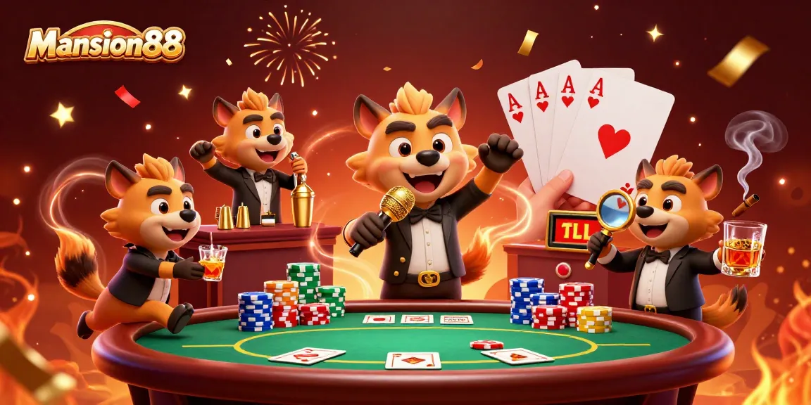 Mansion88 showcases animated hyenas in a comedy casino setting, featuring poker elements and vibrant colors.