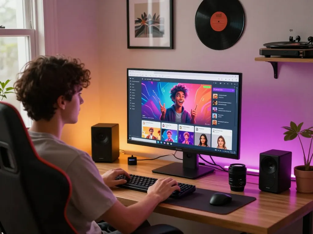 Engaging NSFW AI character interaction in cozy home office.