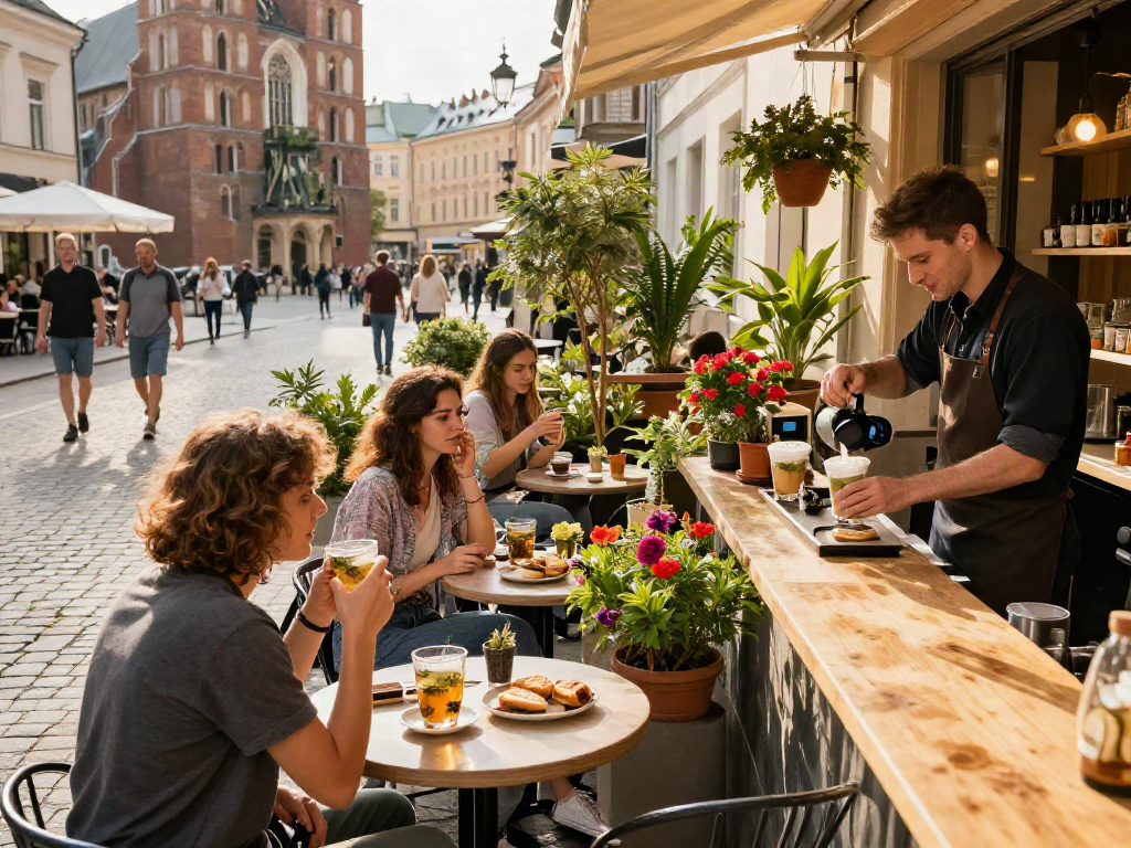 Weed Krakow scene with friends enjoying cannabis-infused drinks at a café terrace, vibrant urban atmosphere.