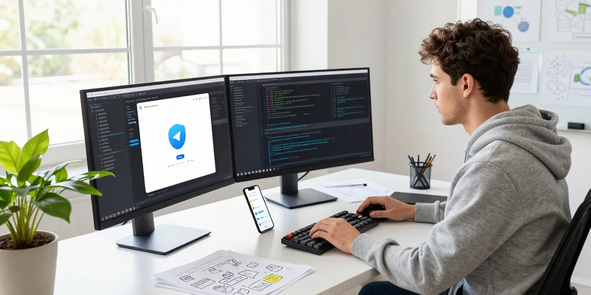 Telegram中文版下载 displayed on a developer's monitor in a bright digital workspace for effective software communication.