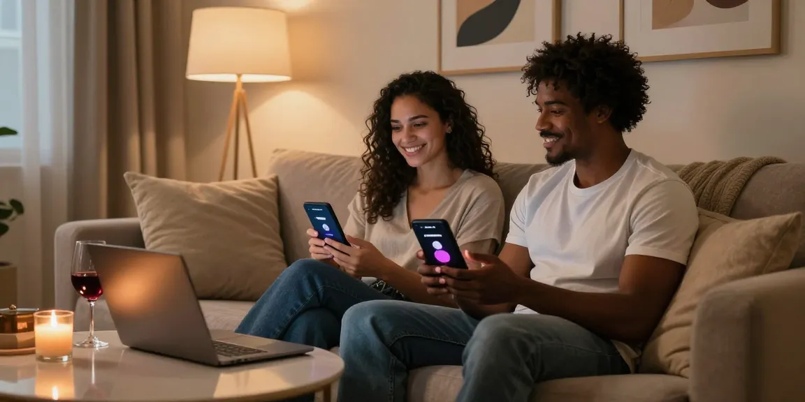 Couple enjoying sex AI chat app on cozy sofa, warm ambient light creating an intimate atmosphere.