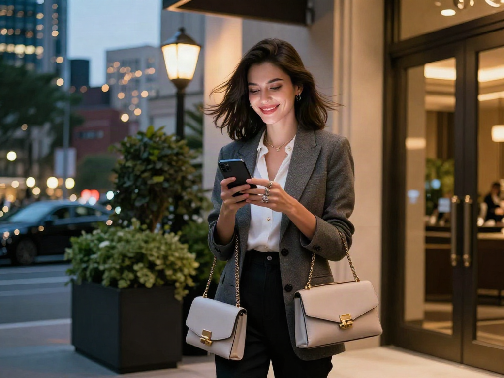 Call Girls confidently entering a luxurious apartment building in a vibrant urban setting.
