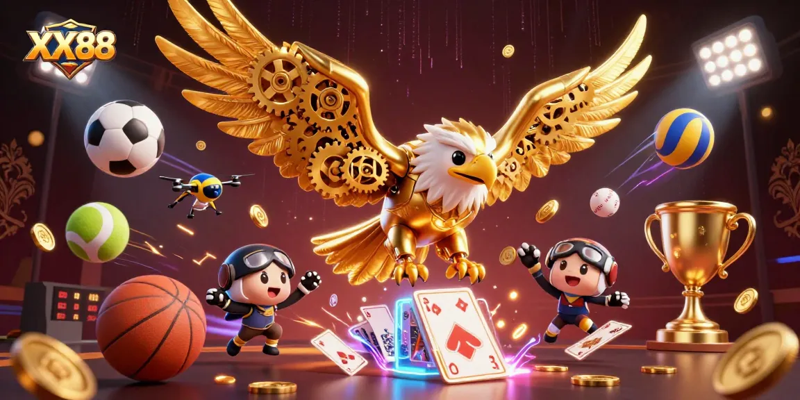 Experience the thrill of wins at XX88 with a vibrant 3D casino scene featuring a golden eagle and dynamic sports elements.