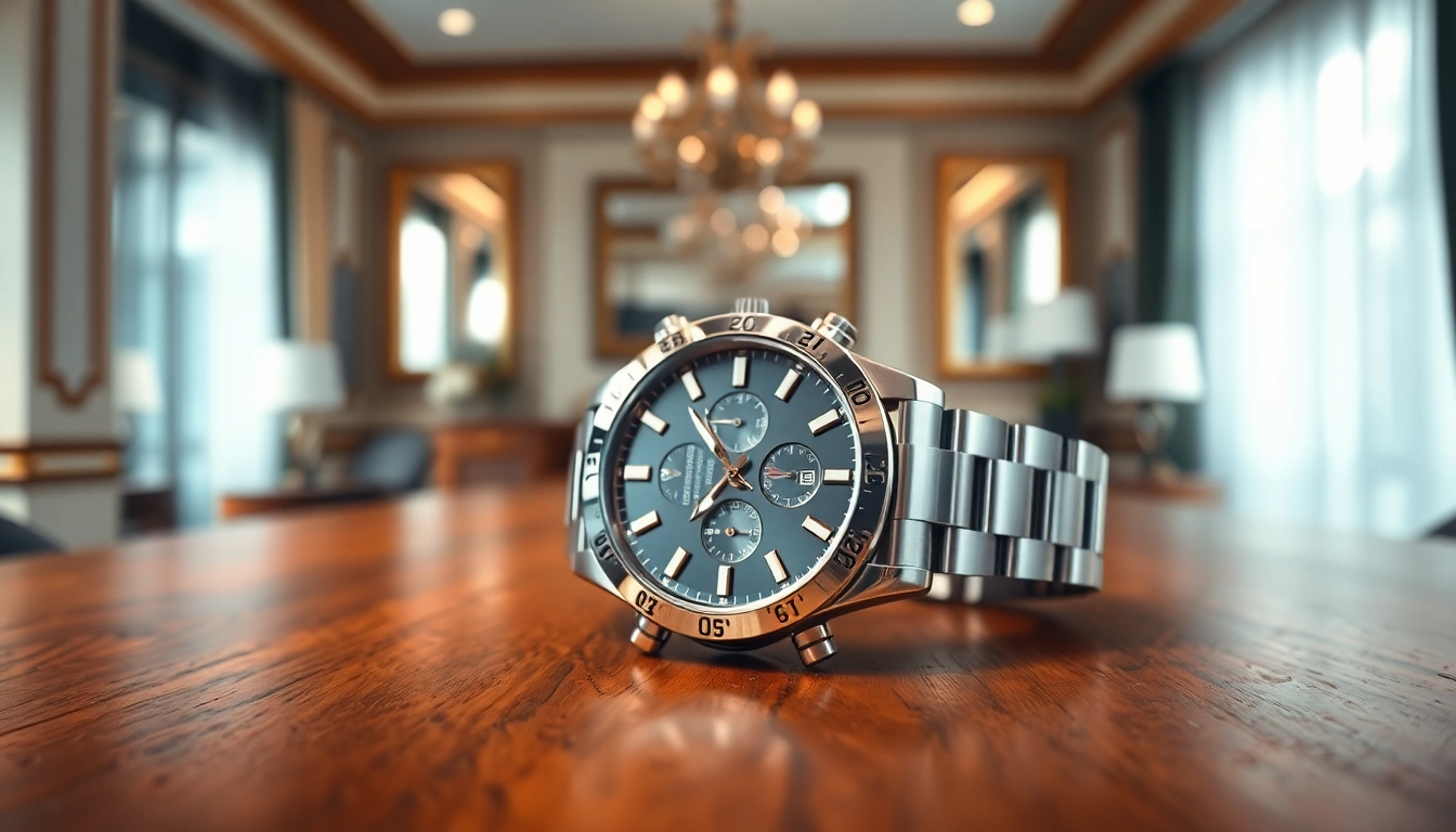 Showcasing a detailed rolex replica watch with elegant features on a wooden table.