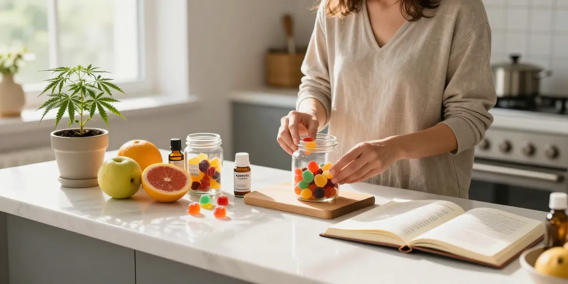 Edibles UK - CBD-infused gummies displayed on a kitchen counter surrounded by fresh fruits, promoting natural wellness.