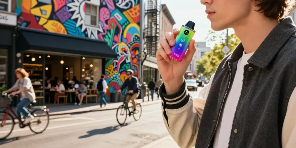 Person enjoying Hitz infinity Gen 7 vape in a vibrant urban setting, showcasing lifestyle and creativity.