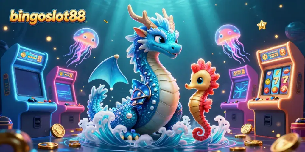 Bingoslot88 hadir dengan ilustrasi 3D naga air biru dan ksatria kuda laut dalam suasana kasino yang semarak.