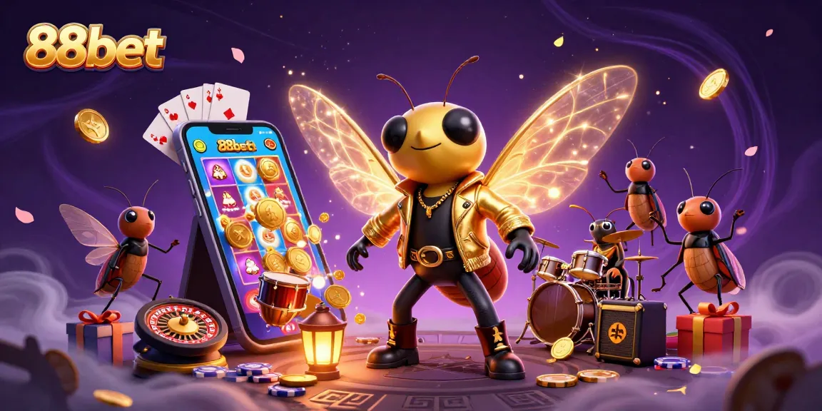 Engage with 88bet's vibrant casino world, featuring a cicada rock star and dynamic slot game elements.