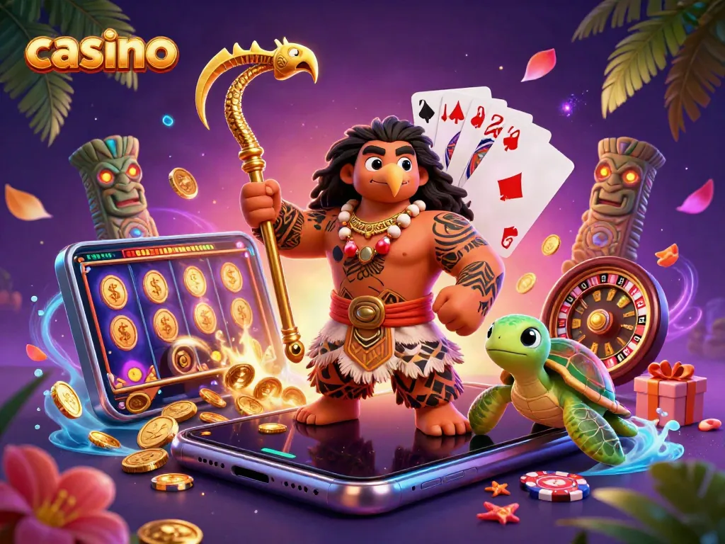 Engaging casino scene featuring a demigod and turtle amidst slot games, gold coins, and vibrant decor.