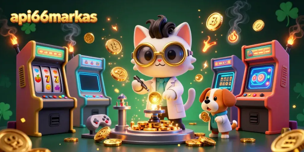 Players enjoy thrilling games at api66markas, featuring a mad scientist cat and a loyal dog in an arcade filled with gold.