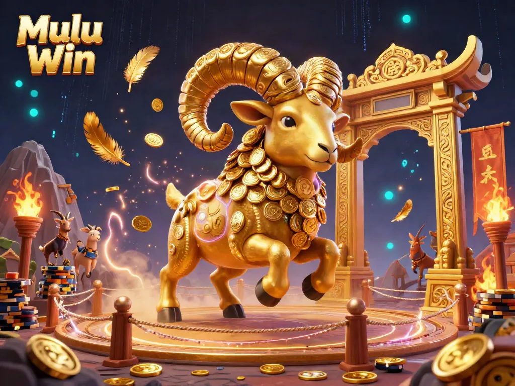 Mulu Win features a golden ram charging through a glamorous casino arena filled with gaming elements.