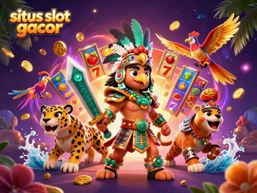 Gambarkan situs slot gacor dengan dua karakter prajurit Aztec dan elemen permainan slot yang dinamis.