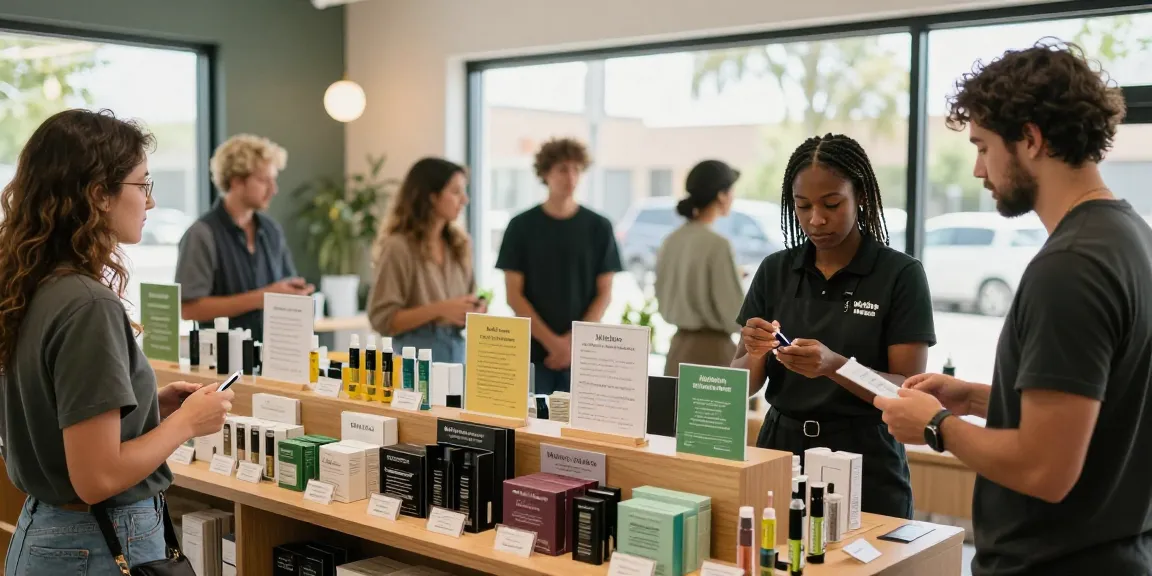 Customers exploring Muha Meds cannabis products in a vibrant retail environment, showcasing variety and community.