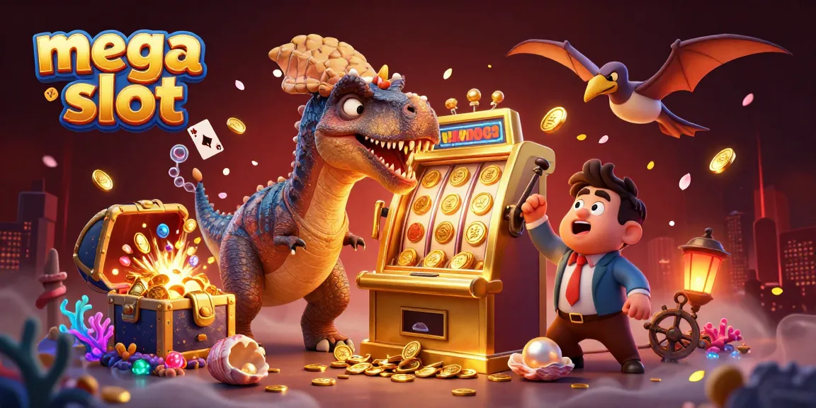 Gambarkan mega slot saat dinosaur pachycephalosaurus memenangkan jackpot di mesin slot, dikelilingi koin emas.