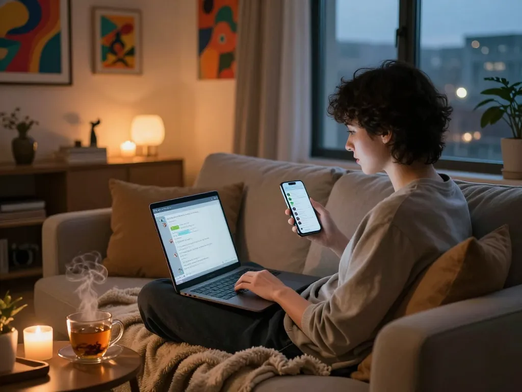 Engaging in NSFW AI chat in a cozy room with mood lighting and a laptop.