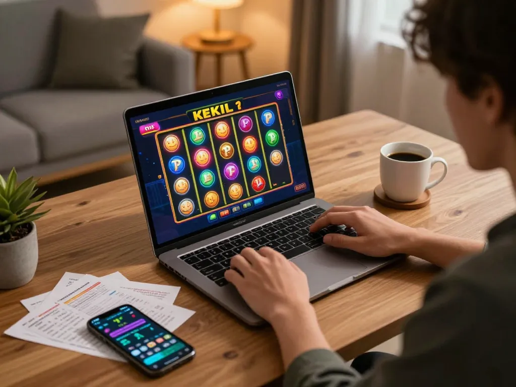 Placing a slot bet kecil on a laptop screen showcasing thrilling online casino gameplay.
