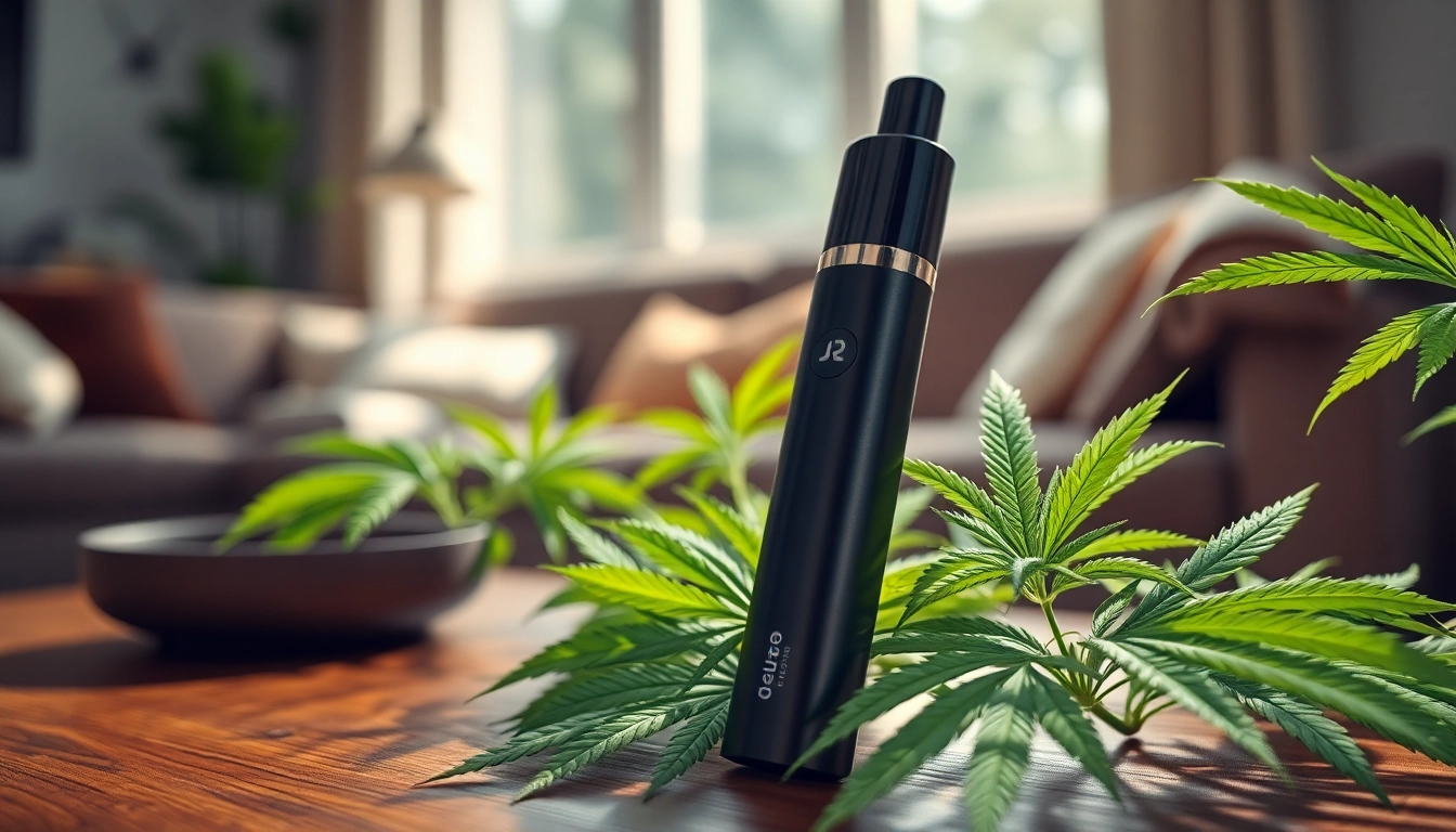 Experience the smooth taste of delta 8 disposable vape with a lush backdrop of cannabis leaves.