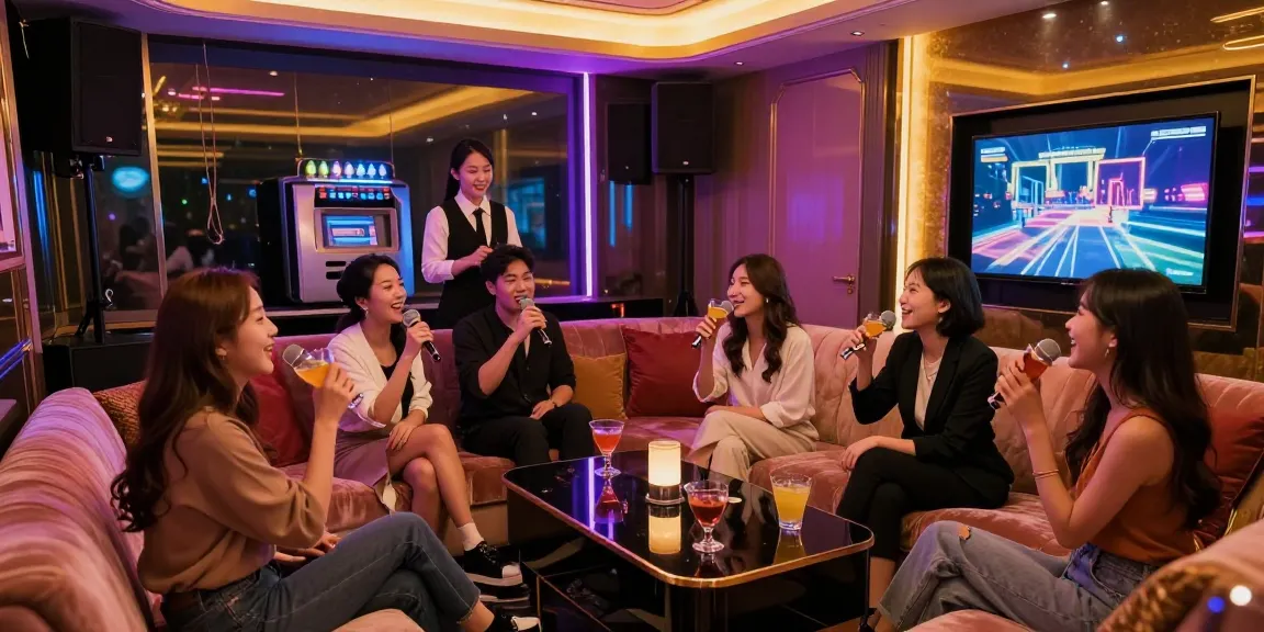 Exciting atmosphere of 강남가라오케 with friends singing karaoke in a luxurious setting.