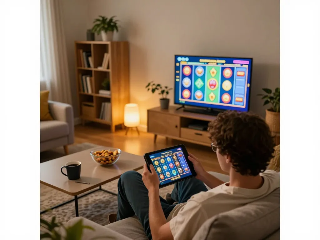 Enjoying casino games at https://rikvip75.com/ with a tablet in a cozy living room atmosphere