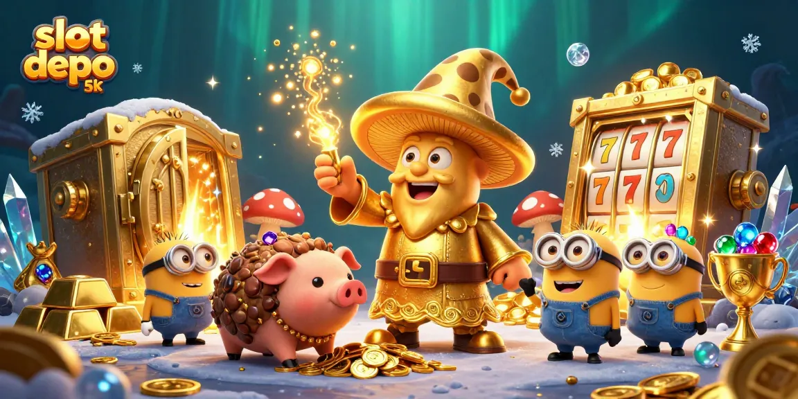 Spin slots and win big with slot depo 5k at this vibrant casino adventure illustration.