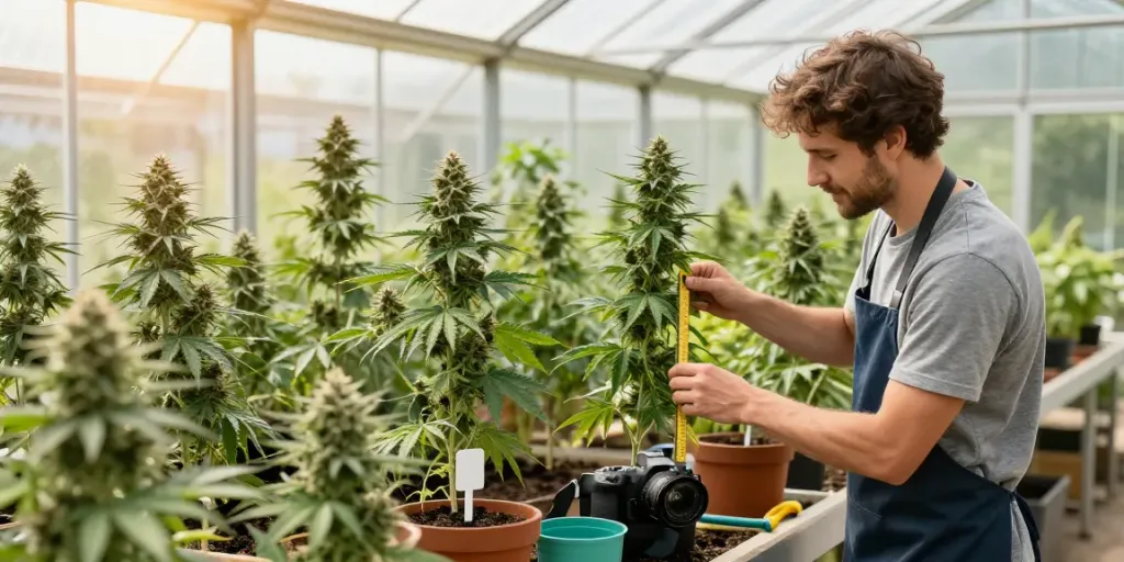 Gardener measuring CBD-rich cannabis genetics in a sunlit greenhouse.