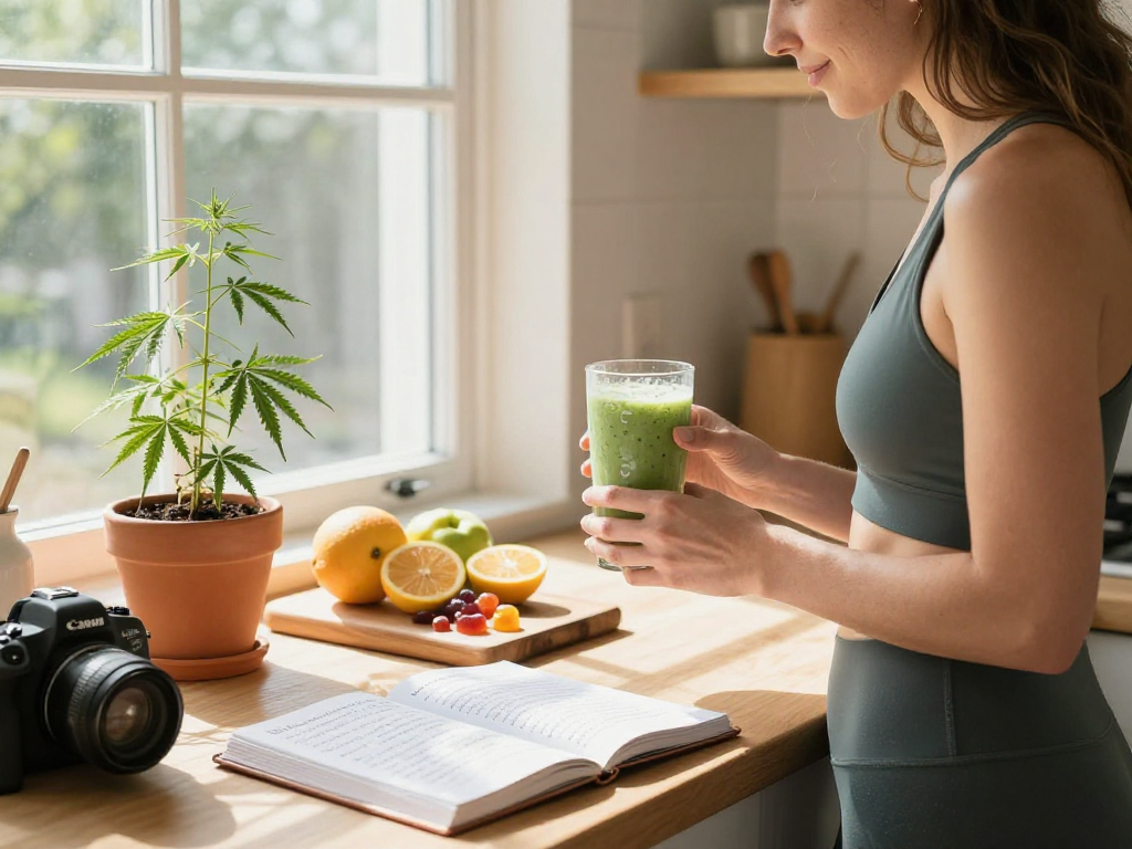 cannabis gummies and CBD oil in a bright kitchen, promoting natural wellness and healthy living.