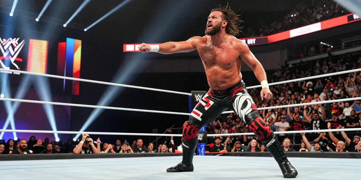 LA Knight showcasing athleticism in a WWE match, thrilling wrestling moment with vibrant audience and dramatic lighting.
