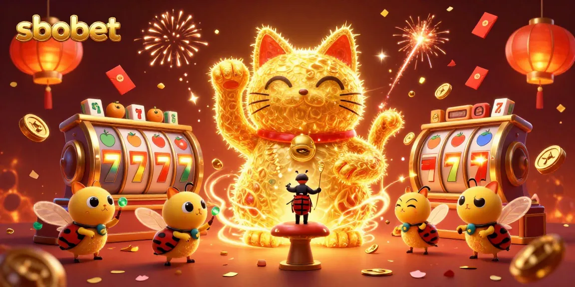 Engage with sbobet while enjoying a vibrant scene filled with golden fireflies, slot reels, and festive elements.