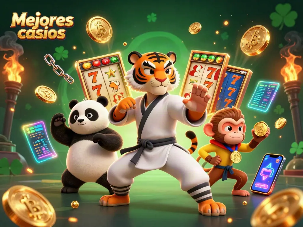 Jugando en los mejores casinos, tigre maestro y panda, tragamonedas brillantes.