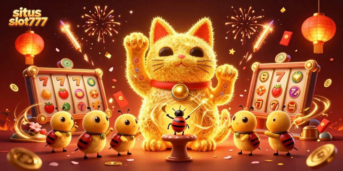 Situs slot777 showcases a vibrant 3D illustration of a lucky cat formed by fireflies, surrounded by slot reels.