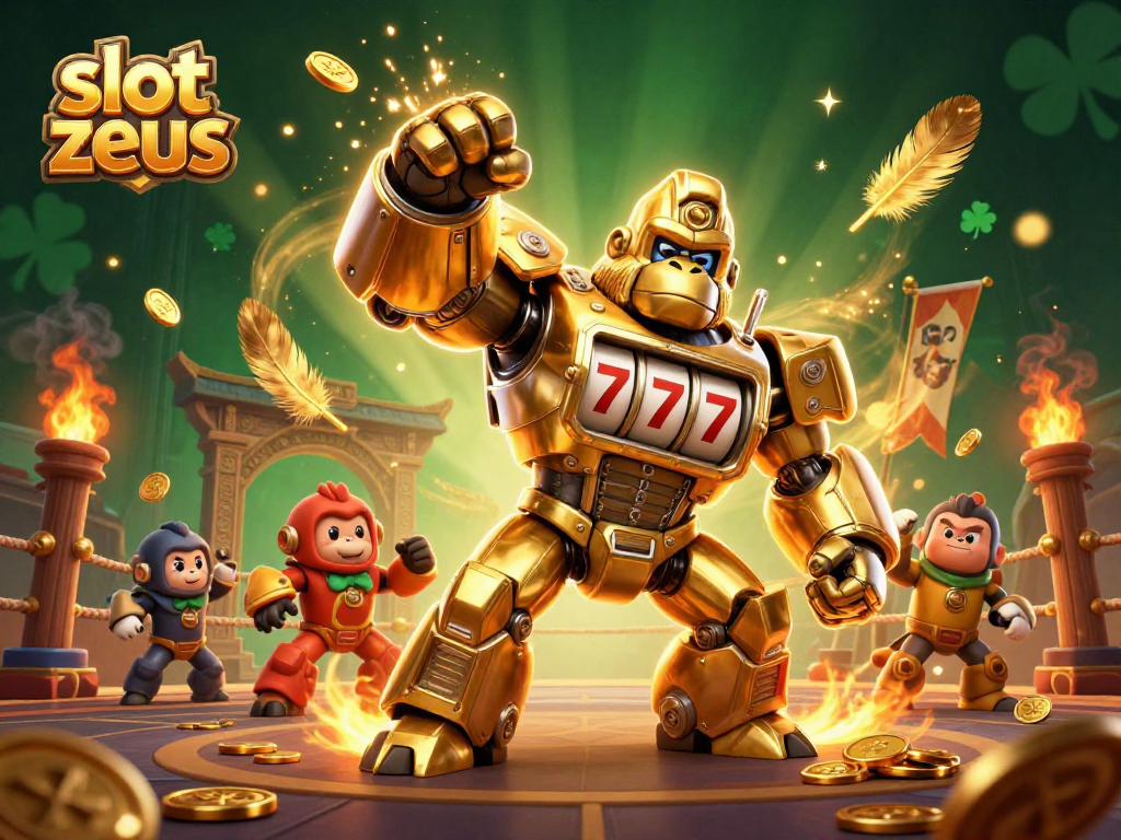Experience the excitement of slot zeus with a dynamic golden gorilla mech and vibrant gaming elements.