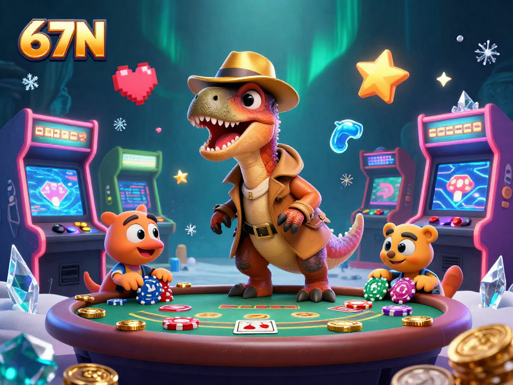 67N mostra um velociraptor em um cassino, contando cartas e sendo observado por um pit boss.