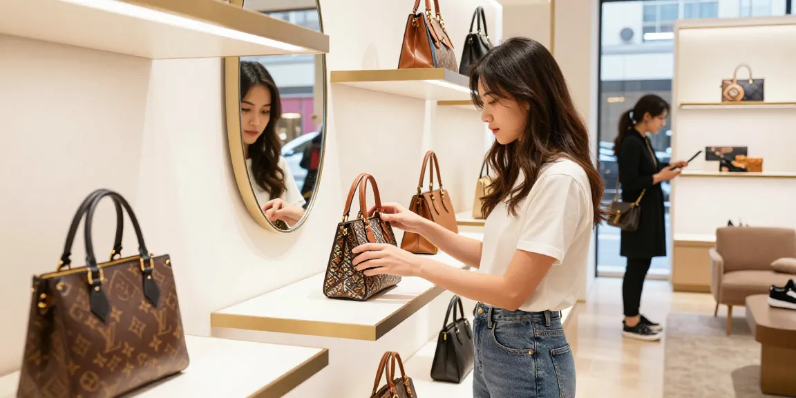 Young woman exploring quality 레플리카 handbags in a modern boutique setting.
