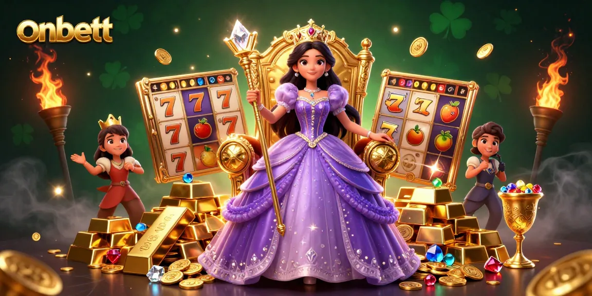 Experience winning moments with onbett in a colorful 3D casino illustration featuring a majestic princess.