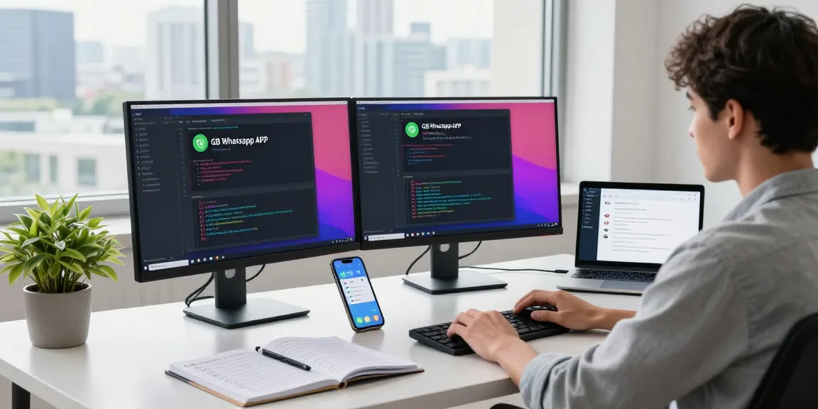 Developer coding GB WhatsApp APK on dual monitors in a modern tech workspace
