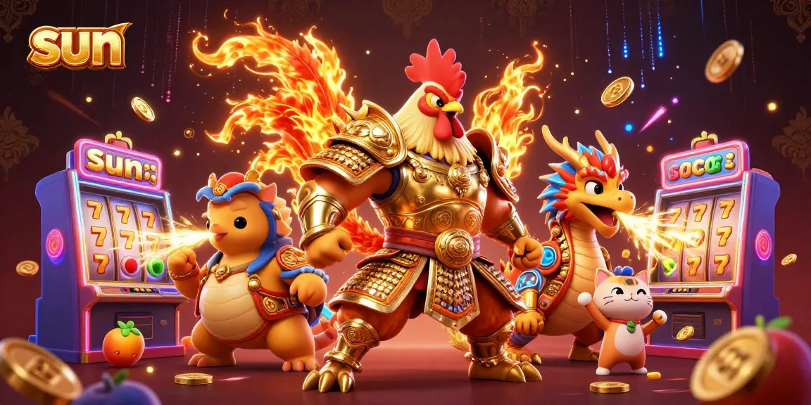 Spin the reels at Sun casino with an armored rooster and dragon amidst vibrant slot game visuals.