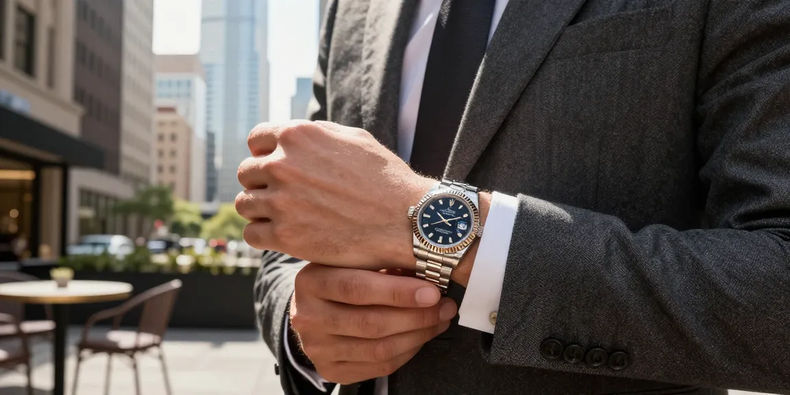 Elegant person adjusting a rolex replica in an urban setting, showcasing luxury style.