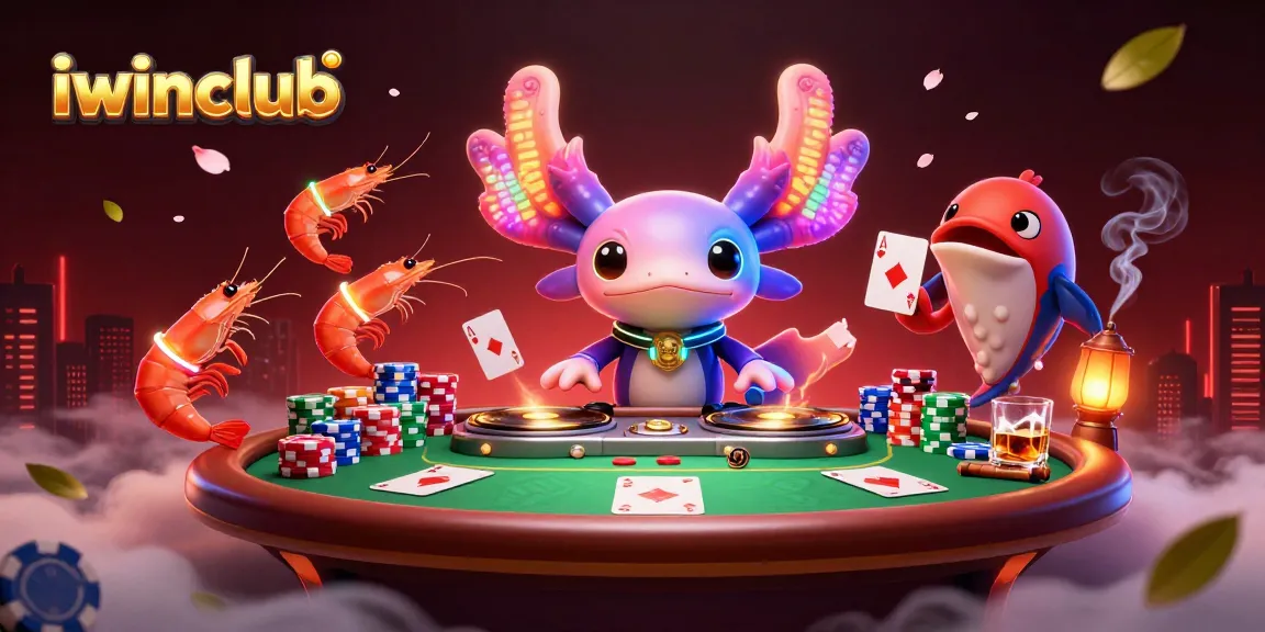 Spin to win at iwinclub with vibrant 3D scenes featuring a neon axolotl DJ and poker showdown!