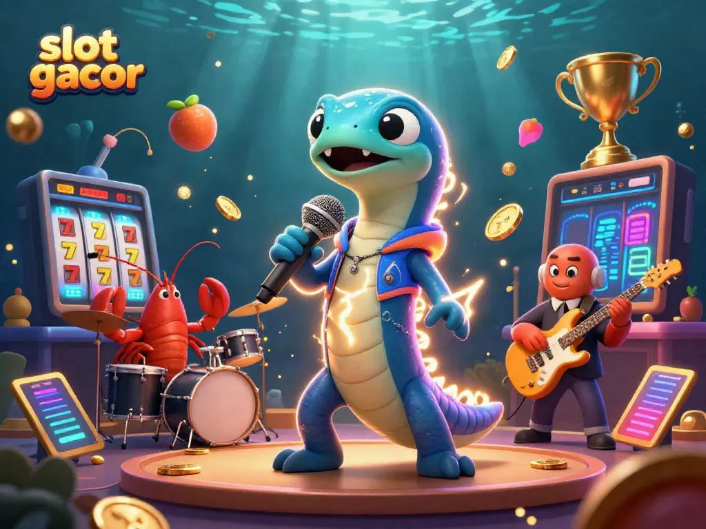Visualisasi menarik di slot gacor dengan karakter kartun dan elemen kasino di latar belakang bawah laut.