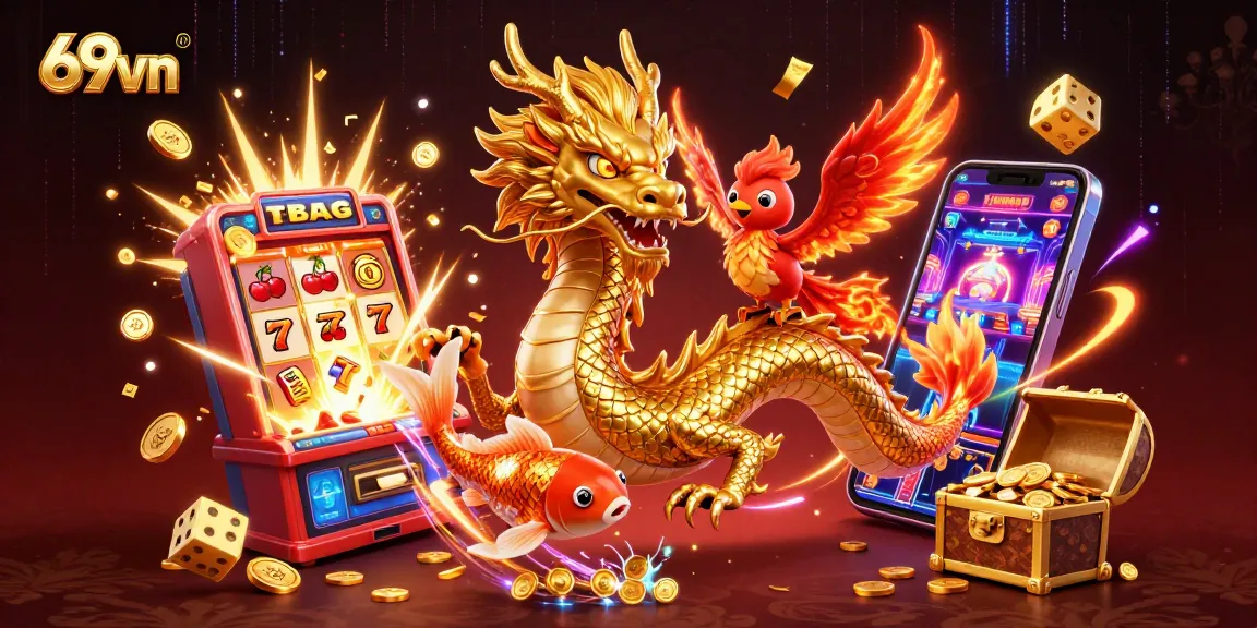 Engage in 69vn's thrilling slot machine action with dynamic casino elements including dragons, dice, and colorful graphics.