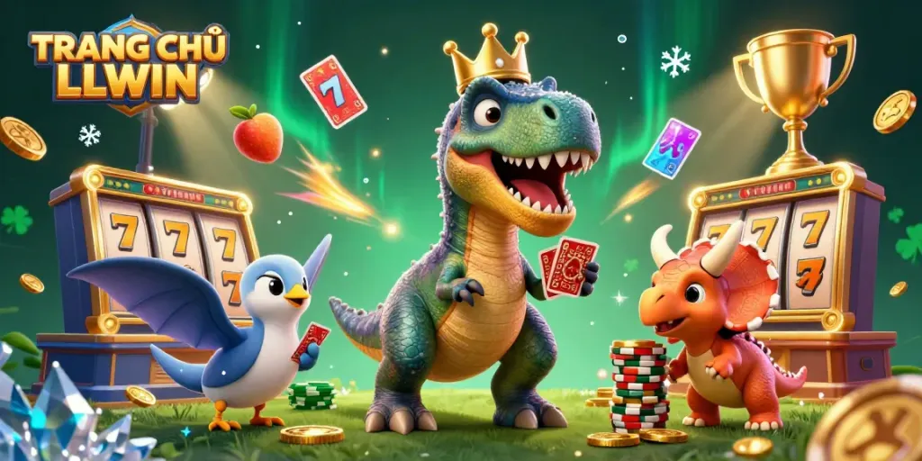 Engaging TRANG CHỦ LLWIN scene with friendly dinosaur characters shuffling cards and stacking chips in a vibrant casino setting.