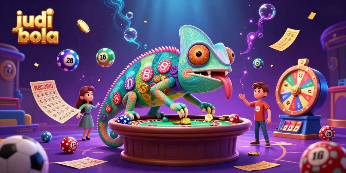 Engage in judi bola with vibrant 3D illustration showcasing a chameleon casino owner amid dynamic sports betting elements.