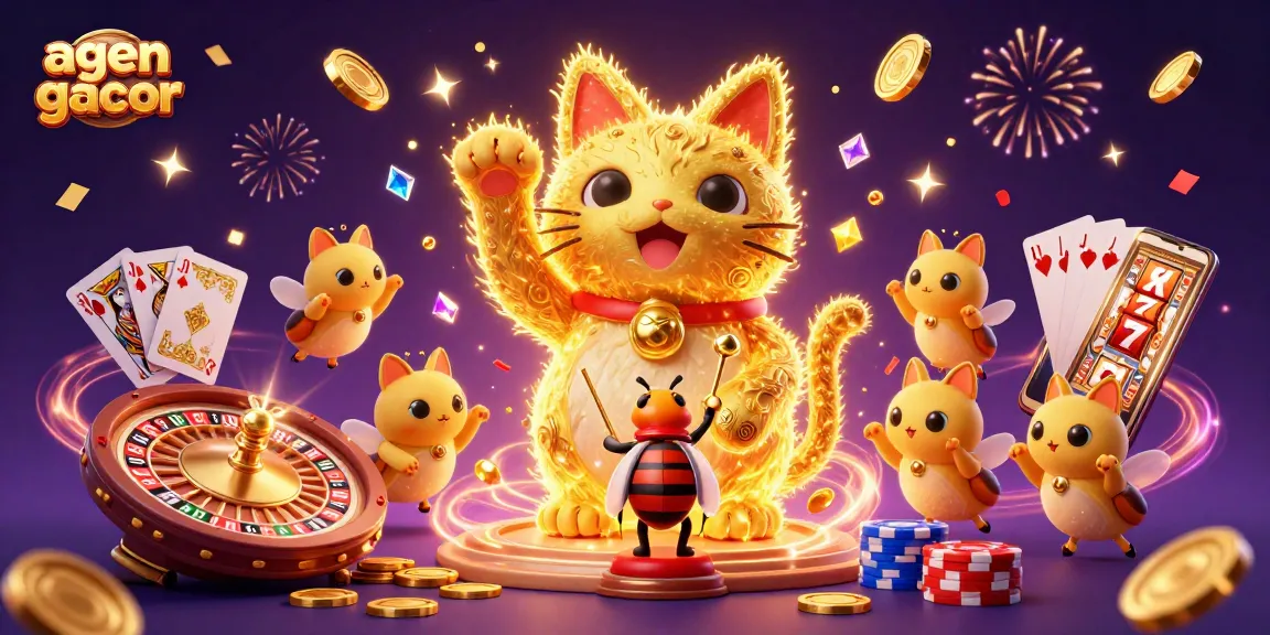 Engage with the exciting agen gacor casino experience featuring dynamic symbols, golden coins, and a lucky cat.