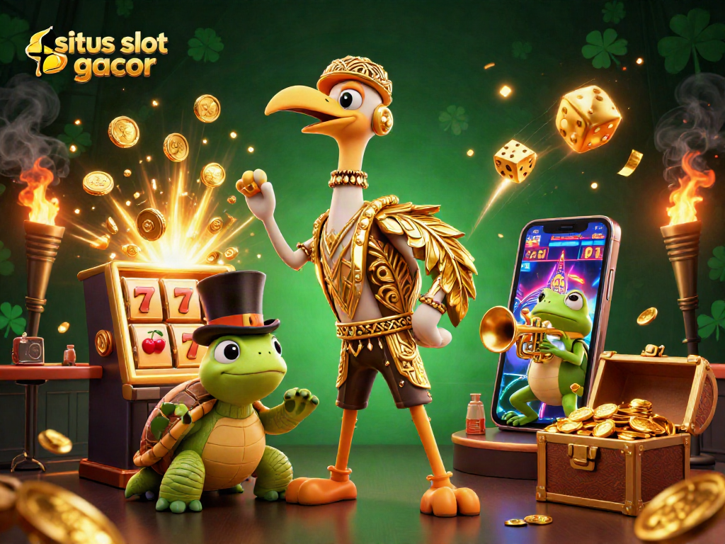 Engage with situs slot gacor through an exciting 3D casino scene featuring lively characters and slot machine rewards.