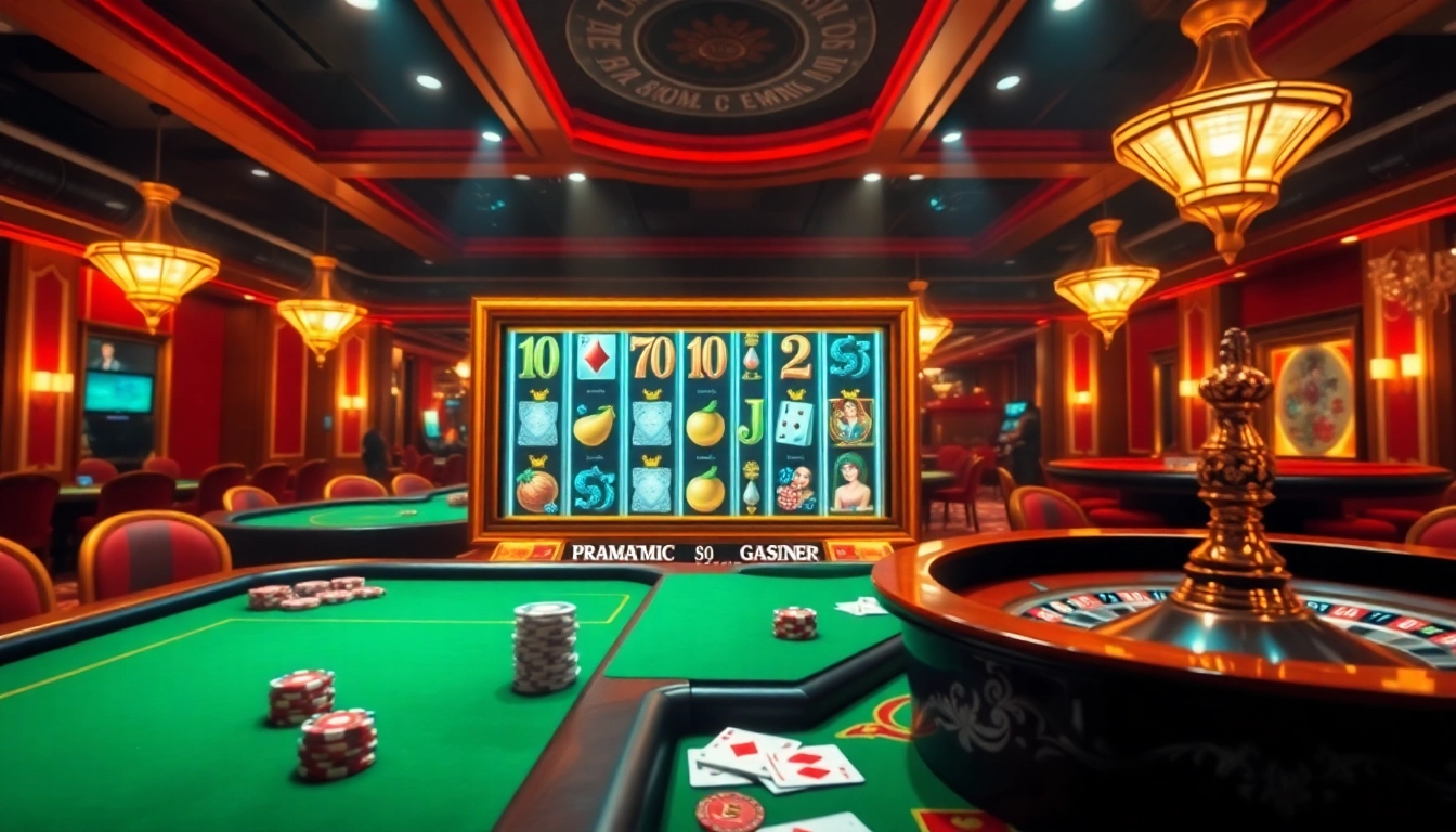 Engage in demo slot pragmatic excitement at a luxurious casino with vibrant slot machines and gaming tables.