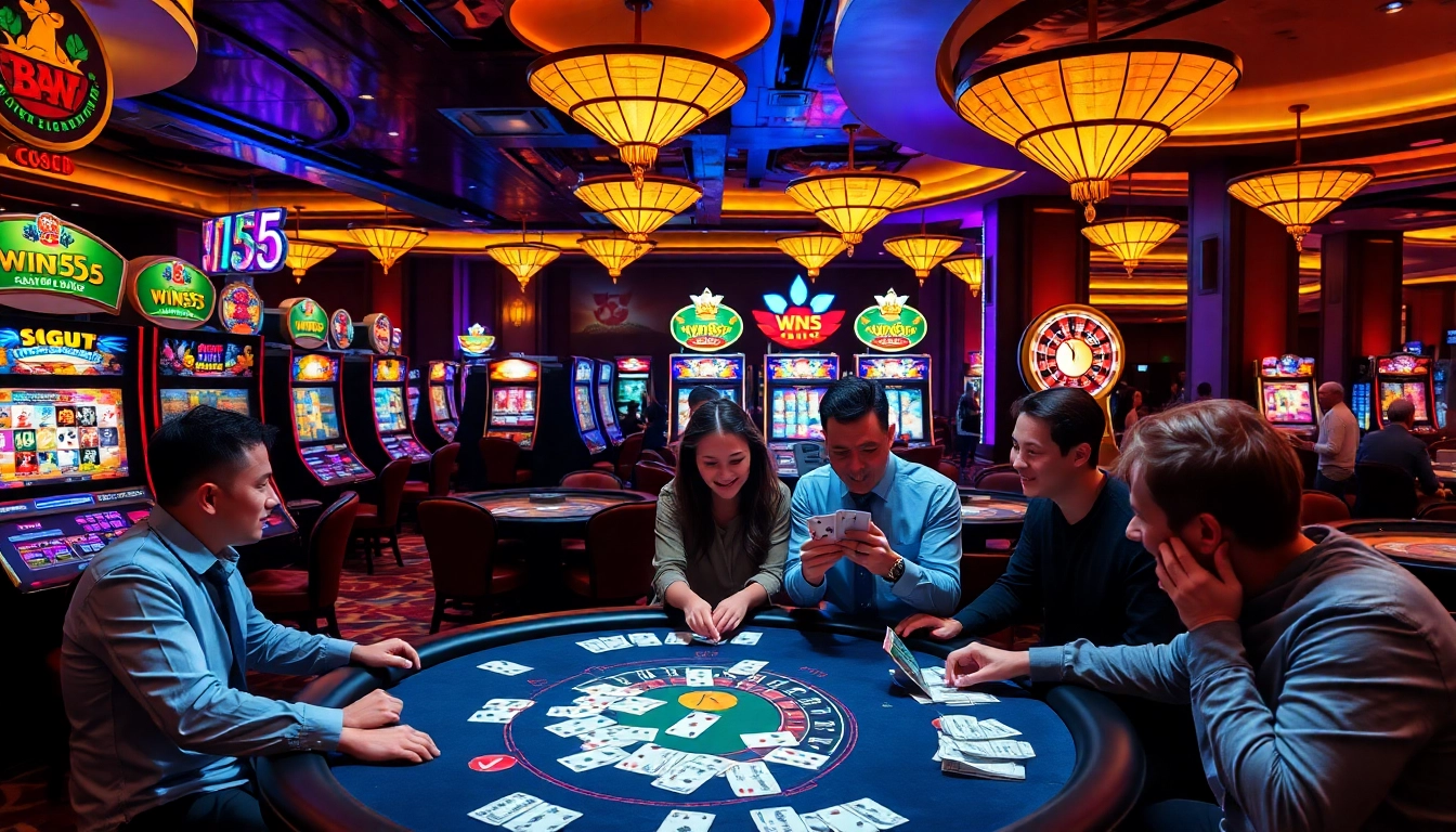 Players enjoying thrilling games at win55 casino, showcasing vibrant slot machines and poker tables.